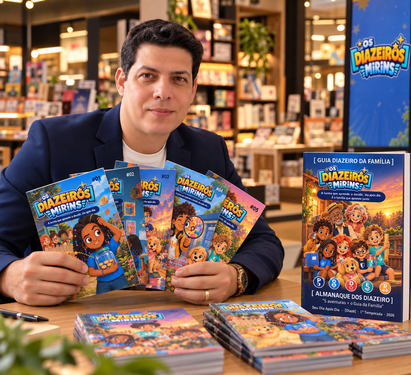 Paulo Correia, autor de Os Diazeiros Mirins, com as cinco aventuras e o Almanaque da 1ª temporada